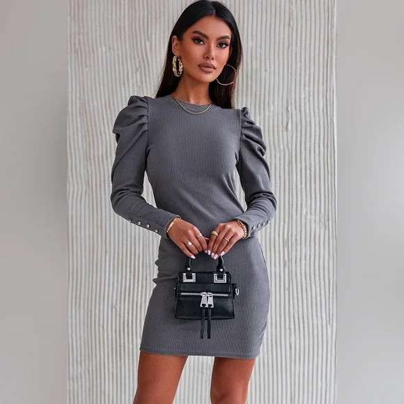 open lace back dress Polka Dot Puff Sleeve Ribbed Bodycon Dress main image 0